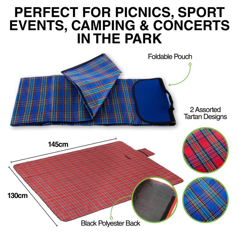 PICNIC MAT Compact Foldout Tartan Picnic Mat with Handle 145x130cm- Blue or Red