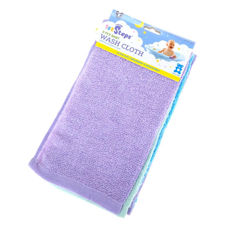 1ST STEPS Blue, Sage Green and Purple Soft Baby Wash Cloths 30x30cm - 5 Pack