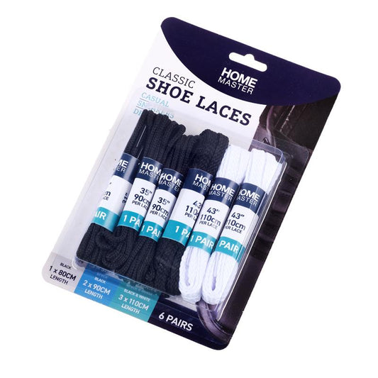 HOME MASTER Classic Shoe Laces 6 Pair Pack - Black and White for Sneakers and Dress Shoes