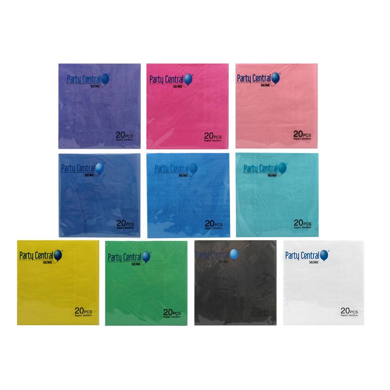 PARTY CENTRAL Solid Coloured Napkins 2 Ply 33x33cm - Assorted Colours 20 Pack