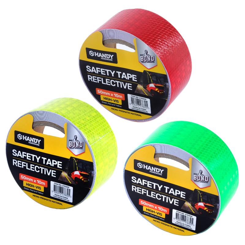 HANDY HARDWARE Reflective Safety Tape 50mm x 10m - Green, Red or Yellow