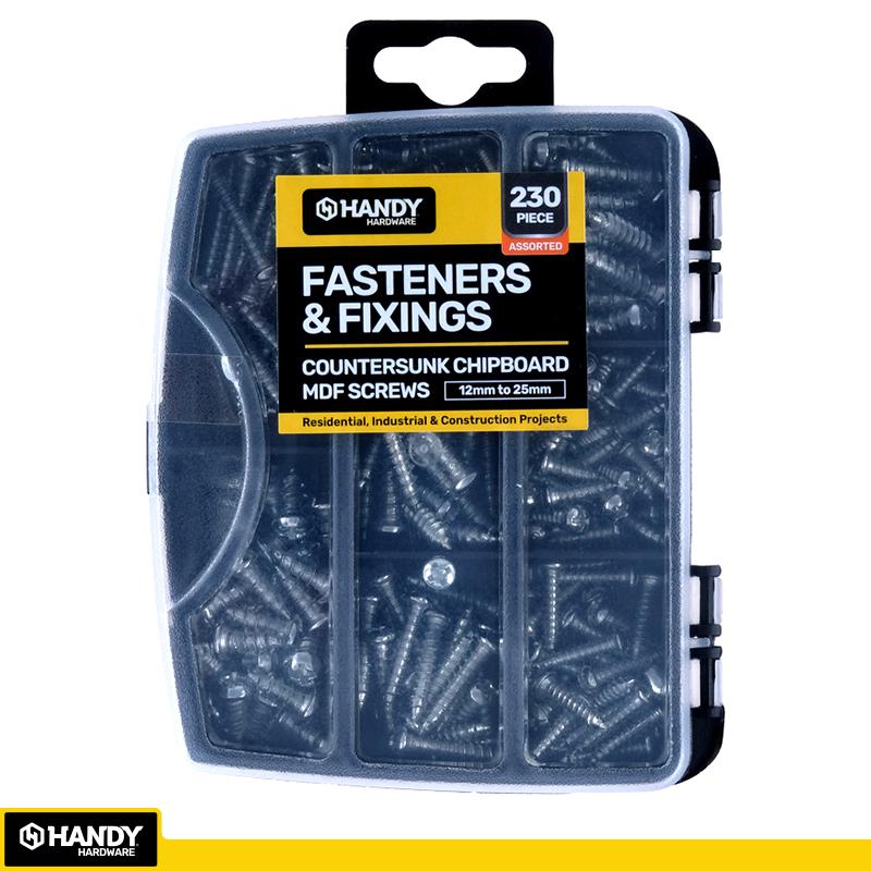 HANDY HARDWARE Fasteners & Fixings in Storage Case Countersunk Chipboard MDF Screws Assorted Sizes 230 Piece