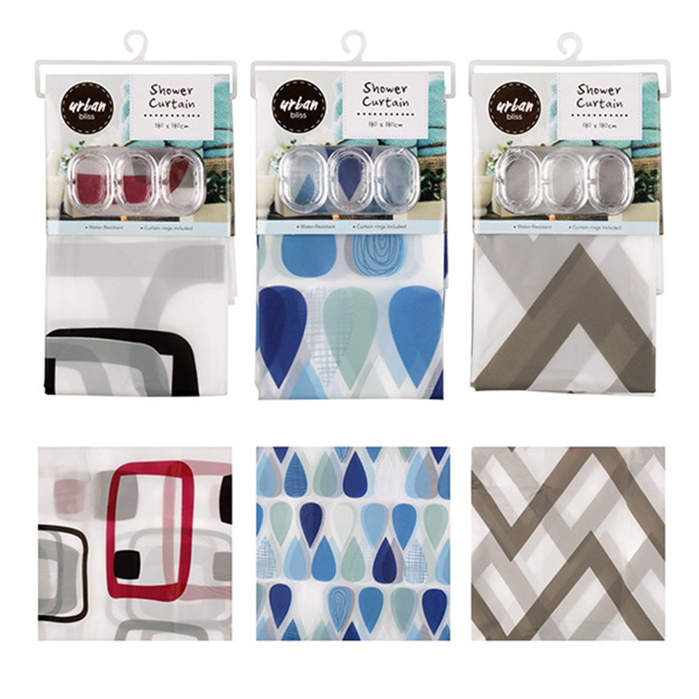 Shower Curtains 180x180cm and Clear Curtain Rings - Red & Black Geometric Print, Tonal Blue Teardrops or Bone Chevron Print