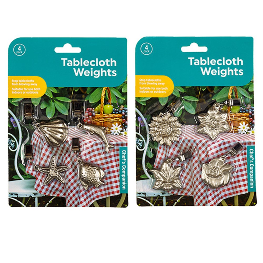 CHEF'S COMPANION Silver Embossed Tablecloth Weights with Clips (4 Pack) - Coastal or Floral