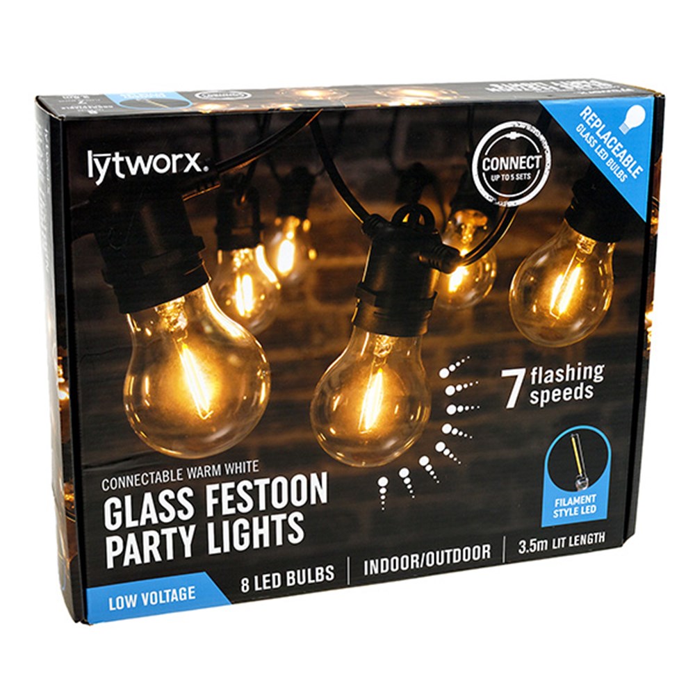 LYTWORX 8 Warm White Electrical LED Glass Festoon Party Lights 7 Function - Connect up to 5 Sets