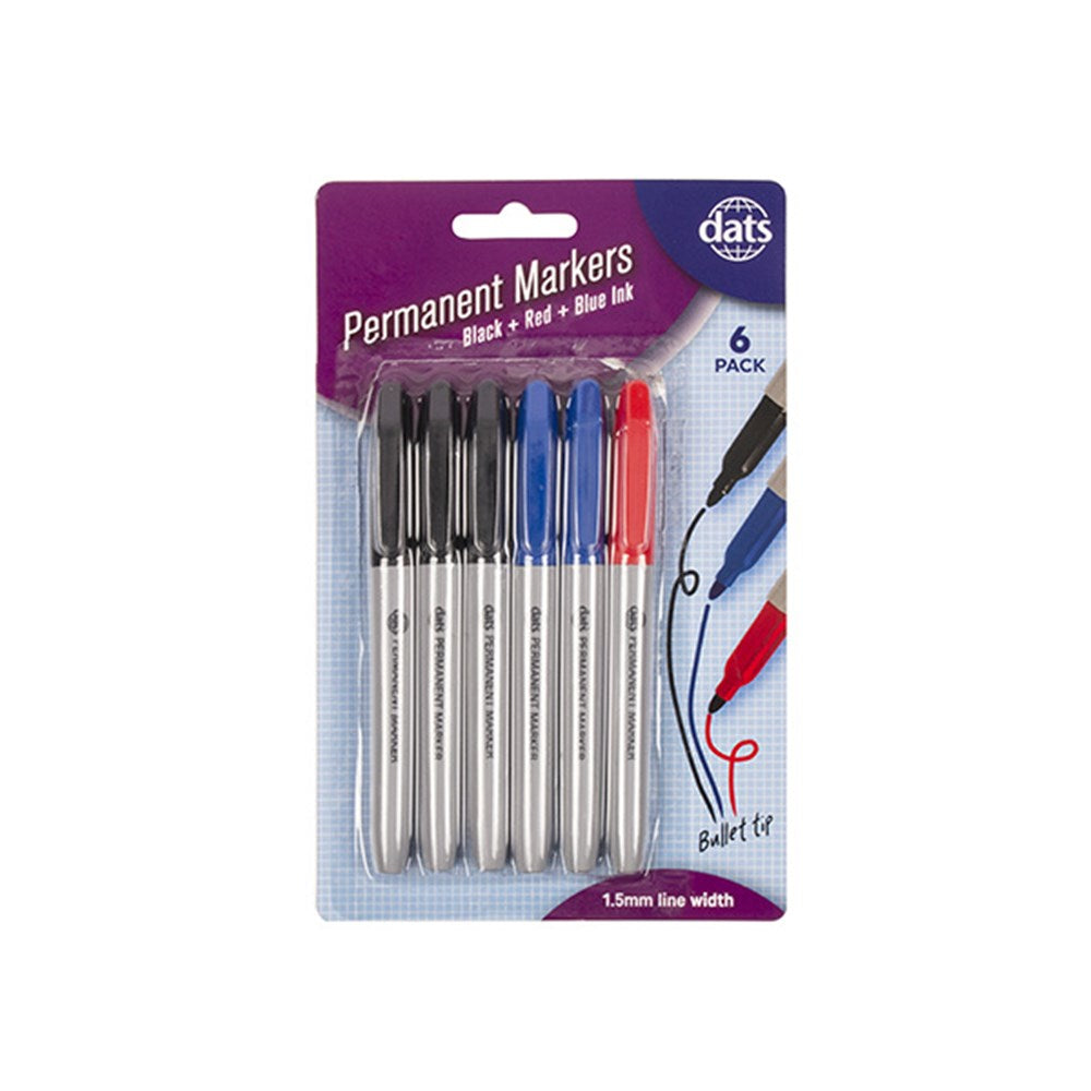 Black Red Blue Ink Permanent Markers 1.5mm Line Width 6 Pack