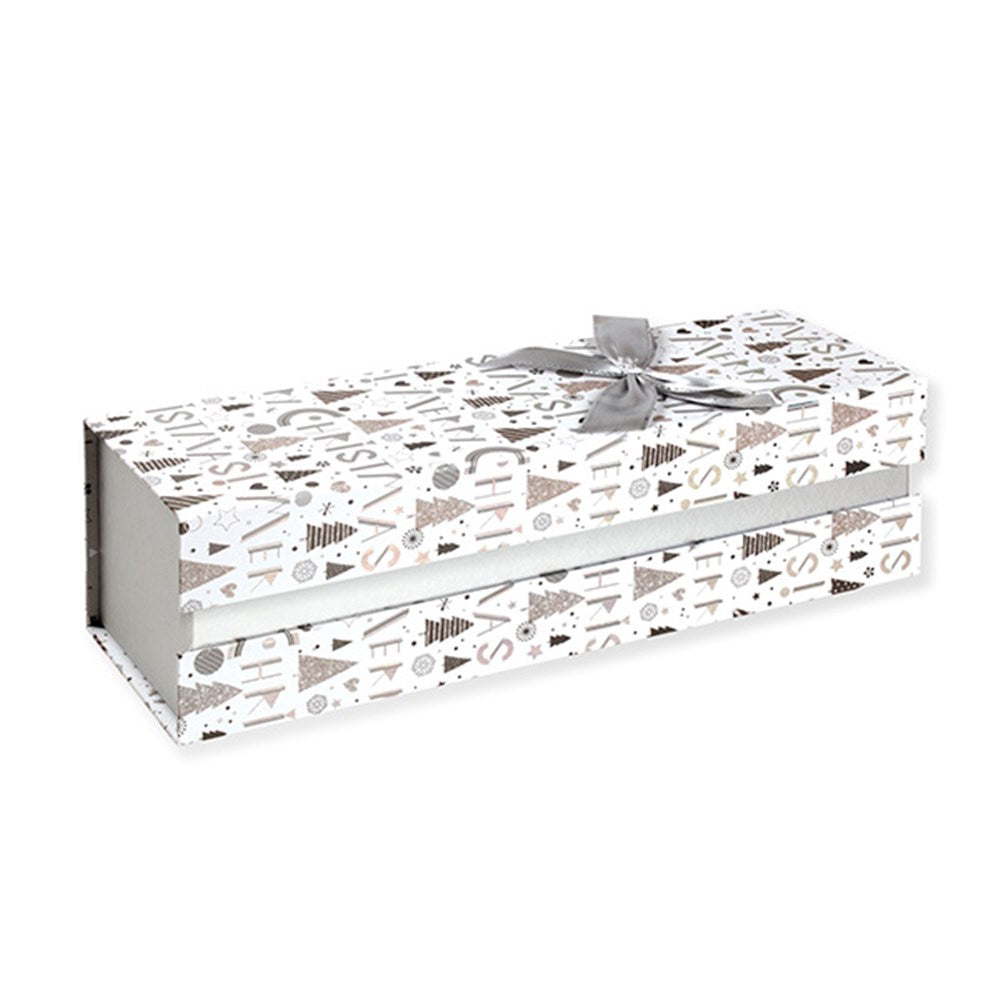 Christmas Silver White Grey Print on White with Grey Satin Bow Bottle Gift Box