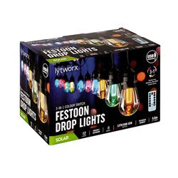 LYTWORX 12 Festoon Drop Lights 3 in 1 Colour Switch Solar/USB with Remote