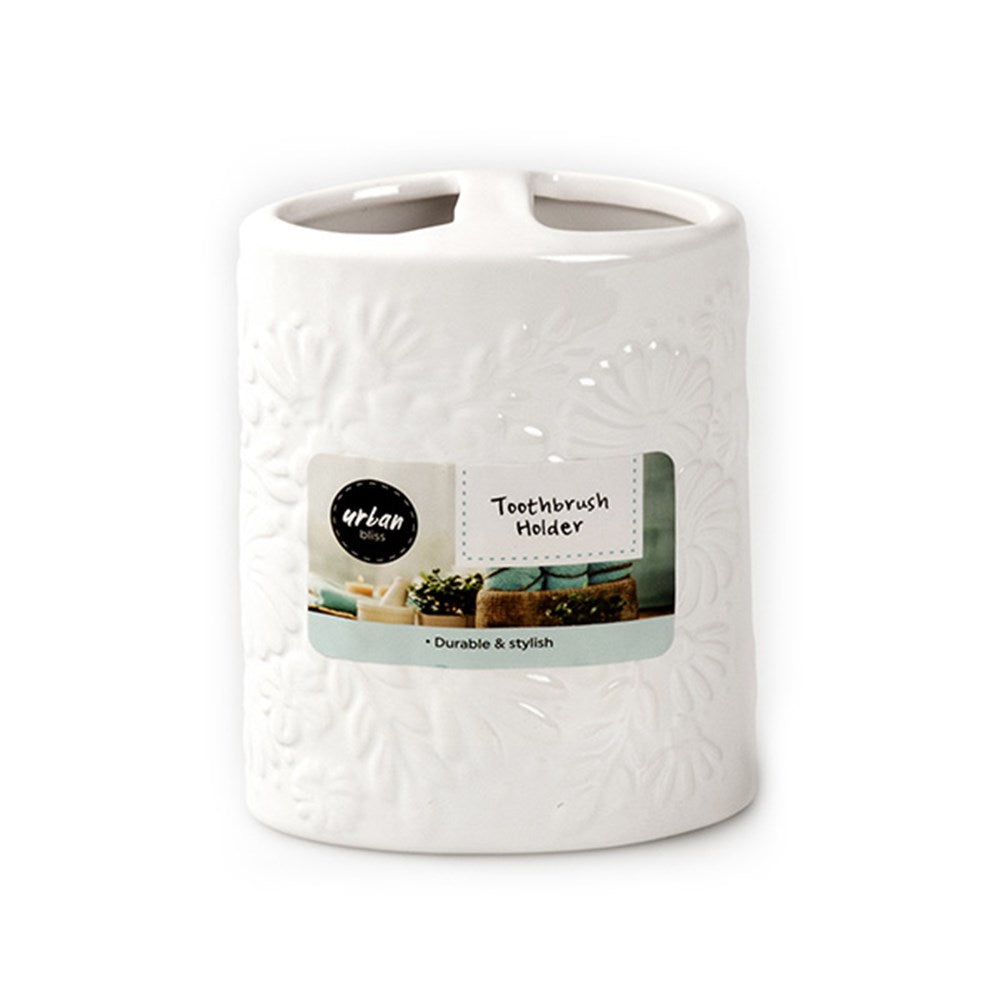 URBAN BLISS White Floral Emboss Ceramic Toothbrush Holder 8.8x4.8x11.3cm