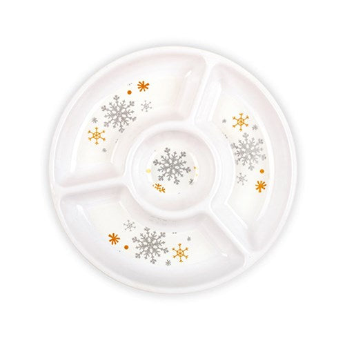 White 4 Sections Christmas Serving Platter with Silver and Gold Snowflakes