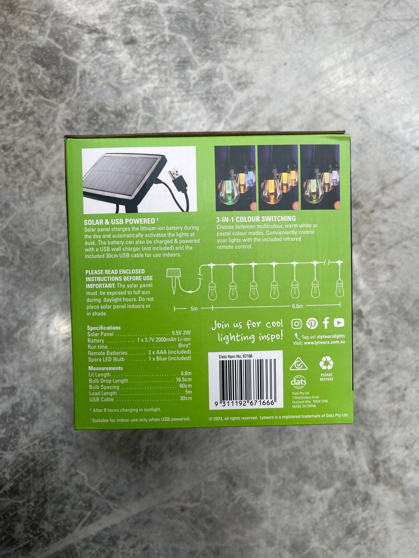 LYTWORX 12 Festoon Drop Lights 3 in 1 Colour Switch Solar/USB with Remote