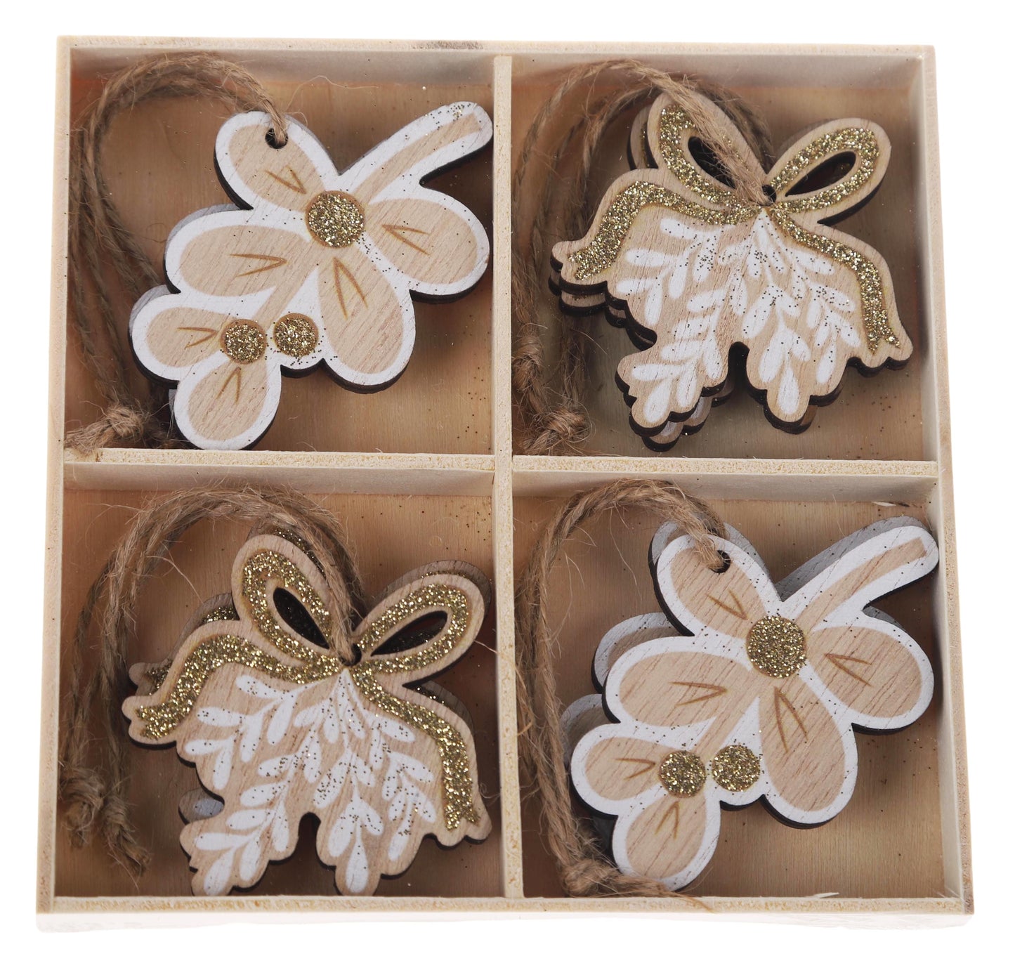 Christmas Wood Flower Hanging Decoration Gift Box Clover Glitter Bow Leaves Glitter