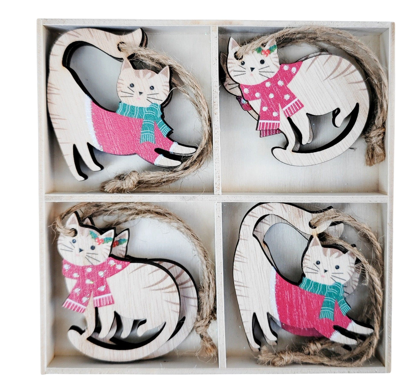 Christmas Wood Cat Hanging Decoration Gift Box Off White Beige