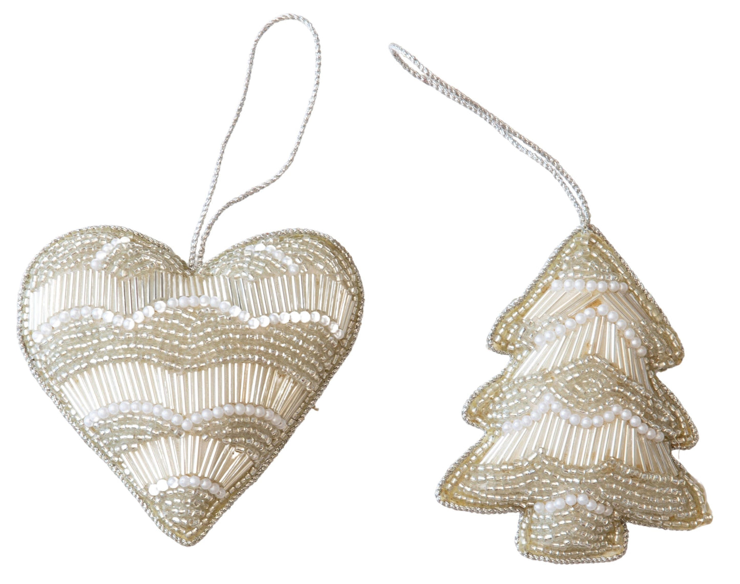 BEADED Ivory Beaded Heart or Tree Festive Decoration to Hang 10cm