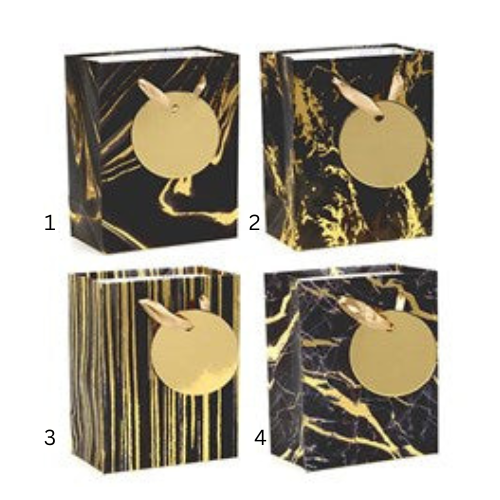 Dripping Gold Foil on Black Gift Bag with Gold Gift Tag 11.1x13.7x6.2cm - Choose from 4 Designs