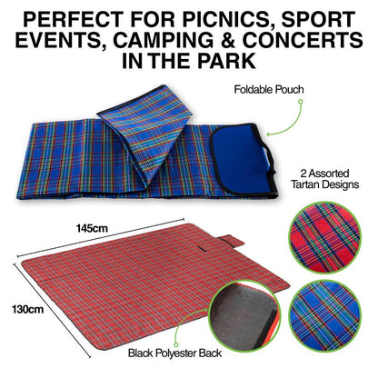 PICNIC MAT Compact Foldout Tartan Picnic Mat with Handle 145x130cm- Blue or Red