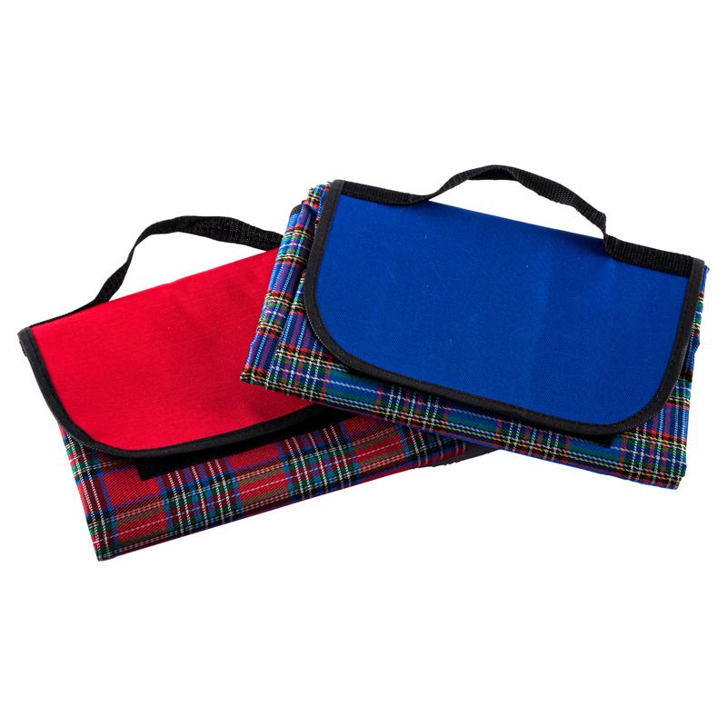 PICNIC MAT Compact Foldout Tartan Picnic Mat with Handle 145x130cm- Blue or Red