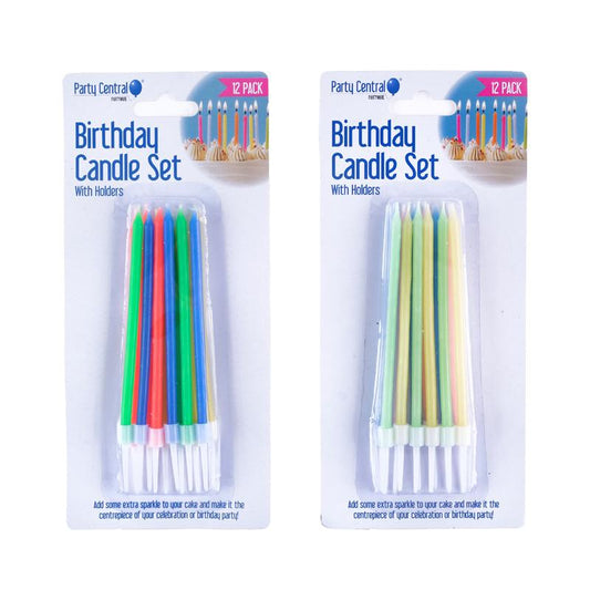 PARTY CENTRAL Birthday Candles in Holders Set 11cm (12 Pack) - Vibrant or Pastel