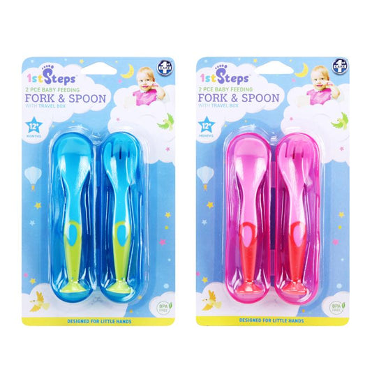 1ST STEPS 2 Piece Baby Feeding Fork and Spoon with Travel Box 12+ Months - Choose from Blue/Green or Pink/Red
