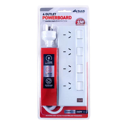 SAS White Power Board 4 Outlet with Overload Protection and 1m Cord