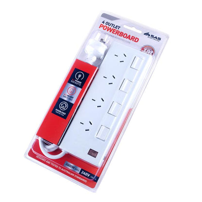 SAS White Power Board 4 Outlet with Overload Protection and 1m Cord