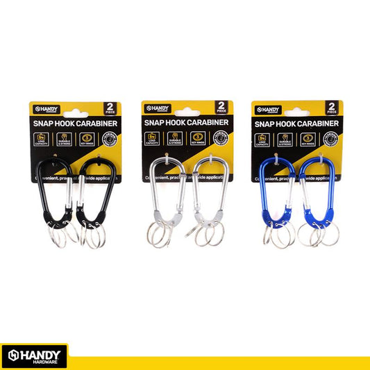 HANDY HARDWARE Carabiner Hook with 3 Keyrings 72mm x 5.6mm (2 Pack ) - Blue, Silver or Black