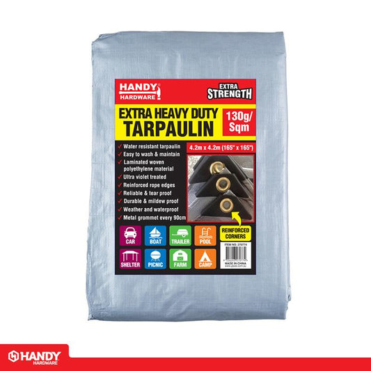 HANDY HARDWARE Grey Heavy Duty Square Tarpaulin 130gsm 420x420cm