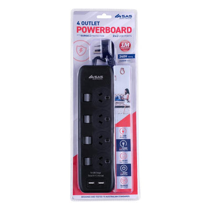SAS Black 4 Outlet and 2 USB Ports Power Board with Surge Protection with 1m Cord