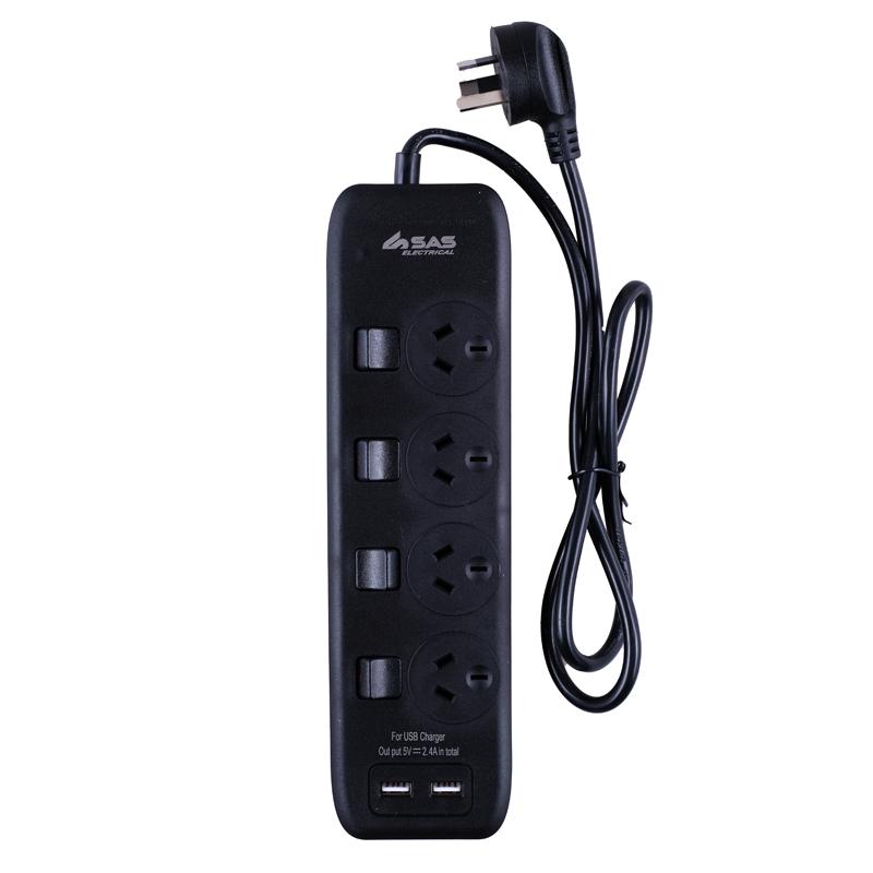 SAS Black 4 Outlet and 2 USB Ports Power Board with Surge Protection with 1m Cord