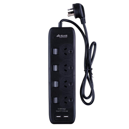 SAS Black 4 Outlet and 2 USB Ports Power Board with Surge Protection with 1m Cord