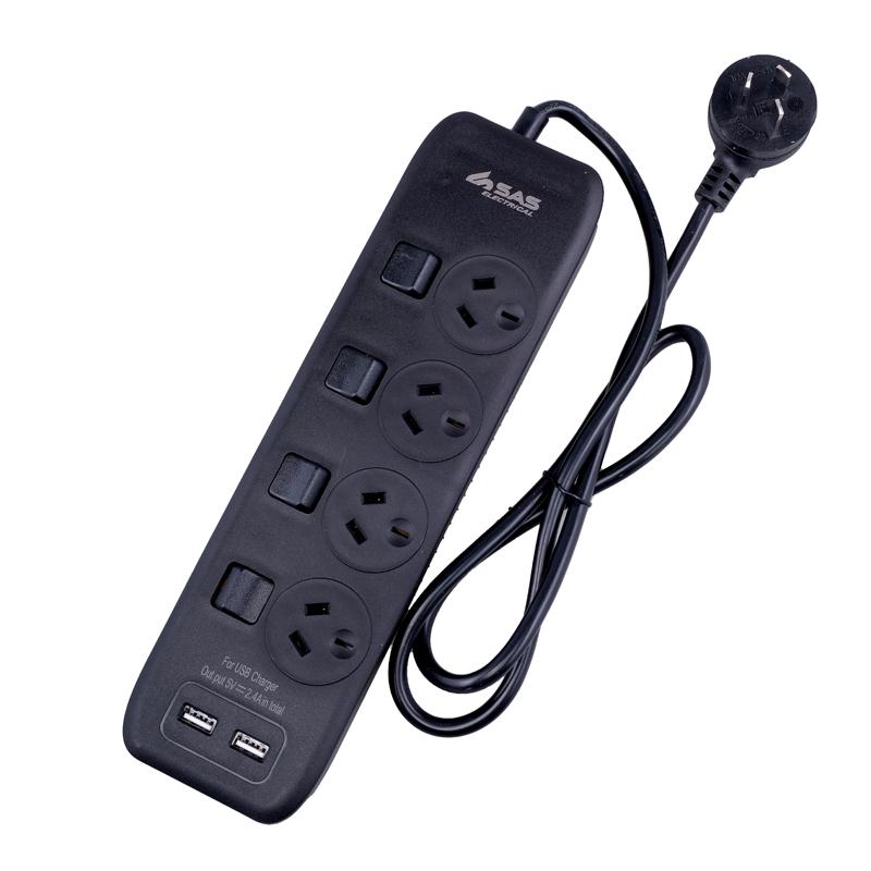 SAS Black 4 Outlet and 2 USB Ports Power Board with Surge Protection with 1m Cord