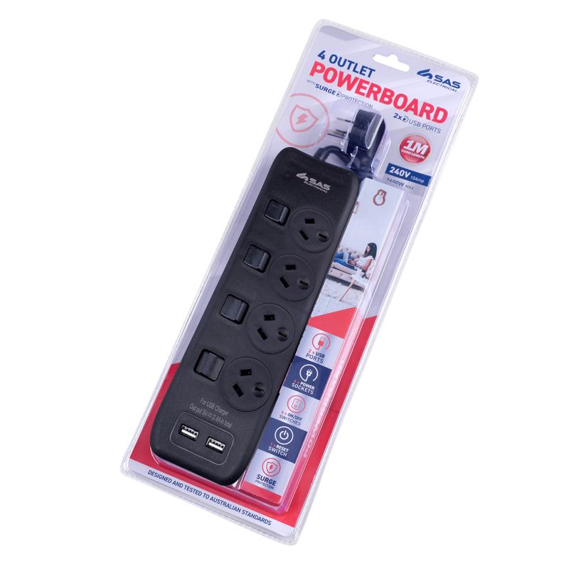SAS Black 4 Outlet and 2 USB Ports Power Board with Surge Protection with 1m Cord