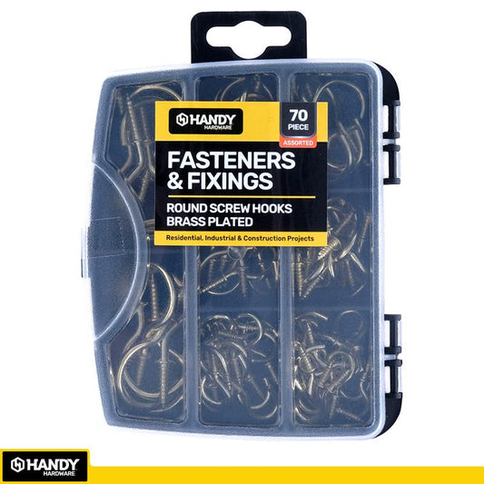 HANDY HARDWARE Fasteners & Fixings in Storage Case Brass Plated Round Screw Hooks Assorted Sizes 70 Piece