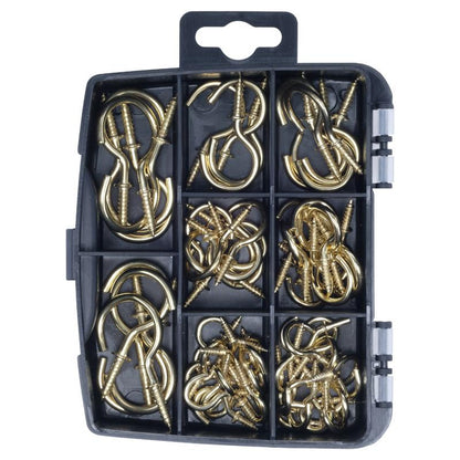 HANDY HARDWARE Fasteners & Fixings in Storage Case Brass Plated Round Screw Hooks Assorted Sizes 70 Piece