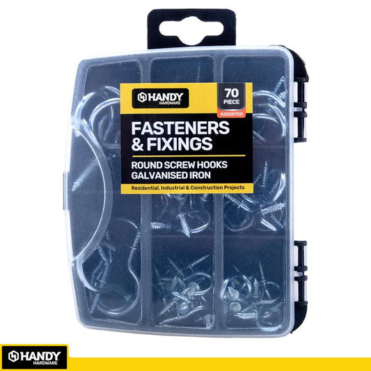 HANDY HARDWARE Fasteners & Fixings in Storage Case Galvanised Iron Round Screw Hooks Assorted Sizes 70 Piece