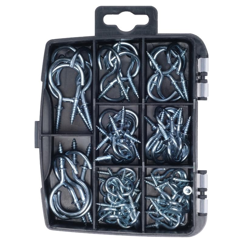 HANDY HARDWARE Fasteners & Fixings in Storage Case Galvanised Iron Round Screw Hooks Assorted Sizes 70 Piece