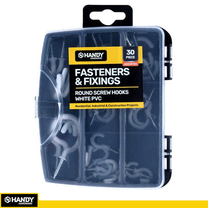 HANDY HARDWARE Fasteners & Fixings in Storage Case White PVC Round Screw Hooks Assorted Sizes 70 Piece