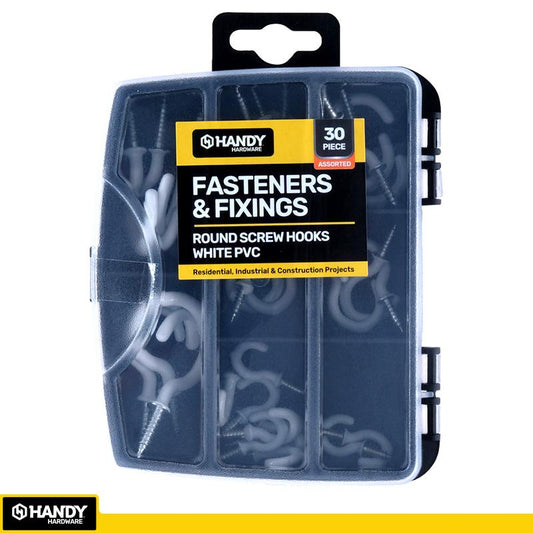 HANDY HARDWARE Fasteners & Fixings in Storage Case White PVC Round Screw Hooks Assorted Sizes 70 Piece
