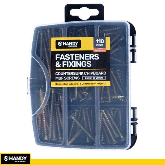 HANDY HARDWARE Fasteners & Fixings in Storage Case Countersunk Chipboard MDF Screws Assorted Sizes 110 Piece