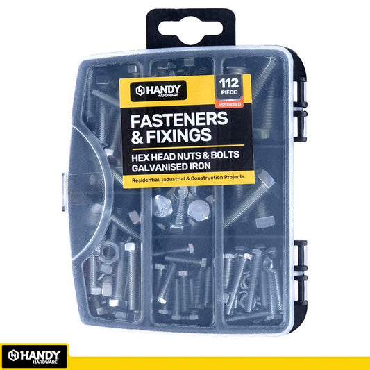 HANDY HARDWARE Fasteners & Fixings in Storage Case Galvanised Iron Hex Head Nuts & Bolts Assorted Sizes 112 Piece