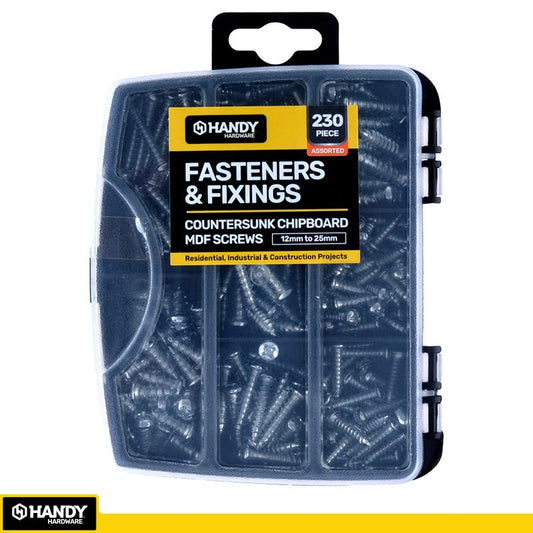 HANDY HARDWARE Fasteners & Fixings in Storage Case Countersunk Chipboard MDF Screws Assorted Sizes 230 Piece