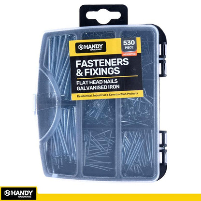 HANDY HARDWARE Fasteners & Fixings in Storage Case Galvanised Iron Flat Head Nails Assorted Sizes 530 Piece