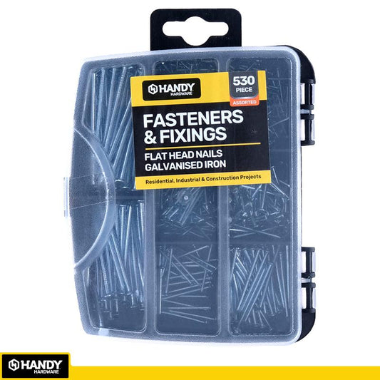 HANDY HARDWARE Fasteners & Fixings in Storage Case Galvanised Iron Flat Head Nails Assorted Sizes 530 Piece