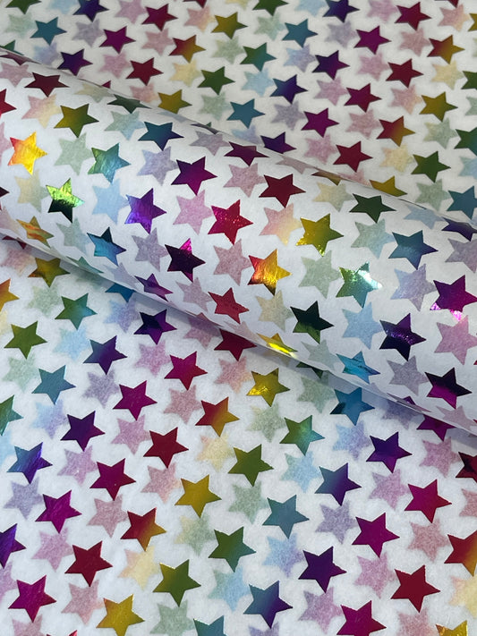TISSUE PAPER SHEETS Multi Coloured Metallic Stars on White 50x75CM