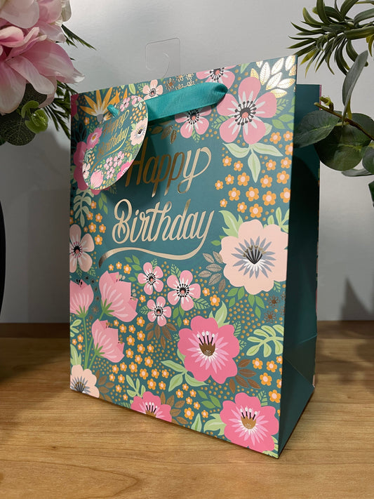 GIFT BAG Happy Birthday Elegant Floral Design with Gift Tag 19x25x11cm