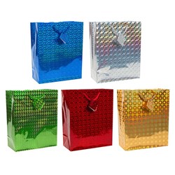 Holographic Gift Bag with Matching Gift Tag 26x32x12cm - Choose from Blue, Silver, Green, Red or Gold