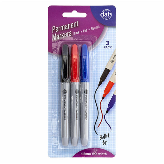 Permanent Markers Black Red & Blue Ink 1.5mm Bullet Tip - 3 Pack