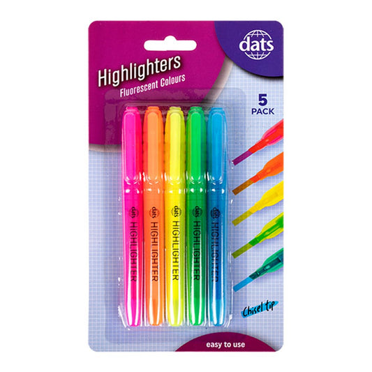 Highlighter Pen with Chisel Tip 5 Pack - Fluorescent Pink, Orange, Yellow, Green and Blue