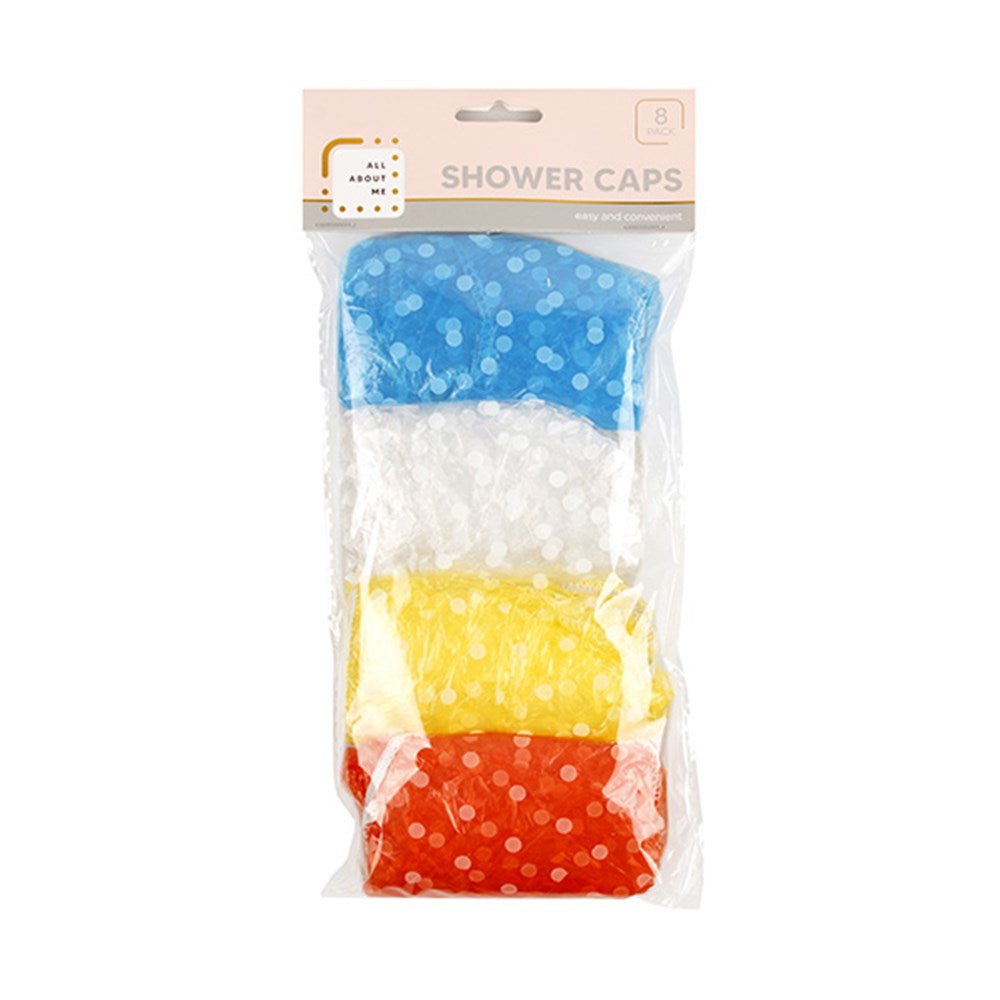 ALL ABOUT ME White Polka Dot Shower Caps (8 Pack) - Blue, White, Yellow and Red