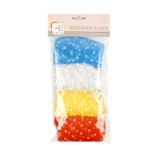 ALL ABOUT ME White Polka Dot Shower Caps (8 Pack) - Blue, White, Yellow and Red